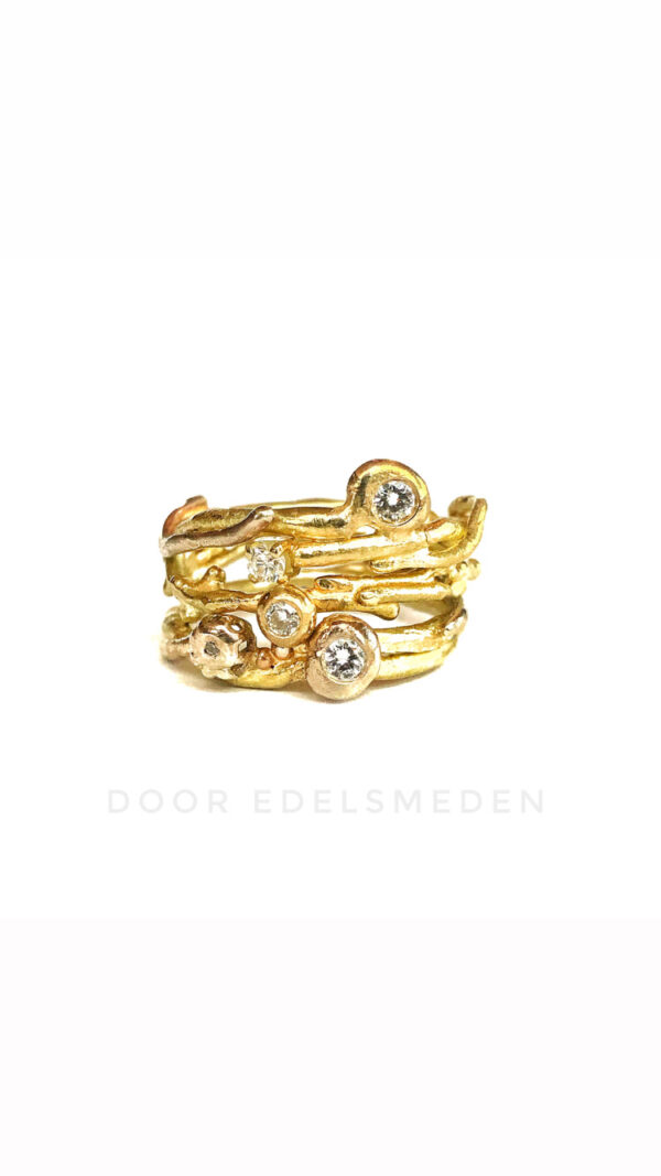 Gouden 'takjes' ringen met diamant - Afbeelding 2